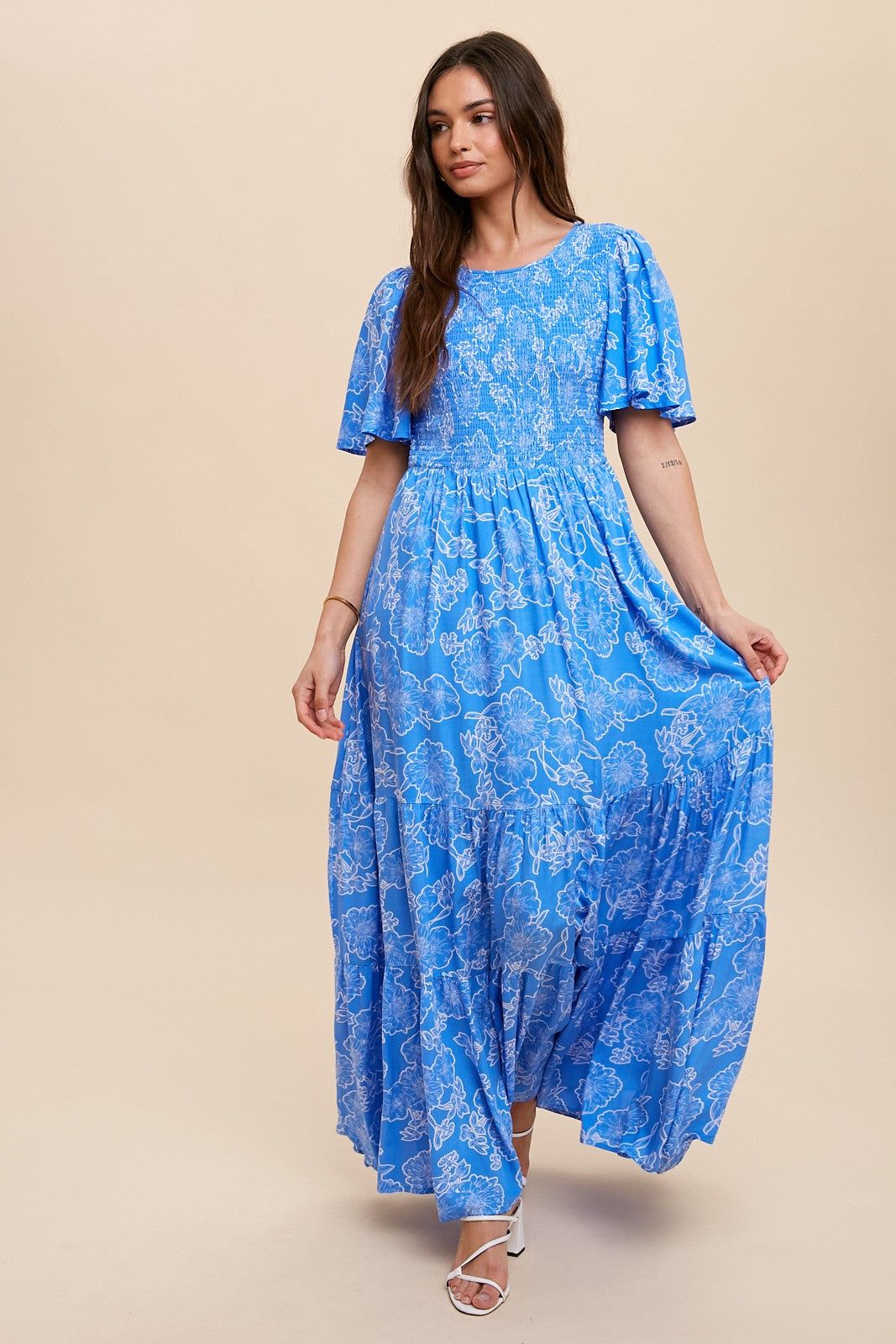 Blue Floral Flounce Sleeve Maxi Dress sold by Pinkblush