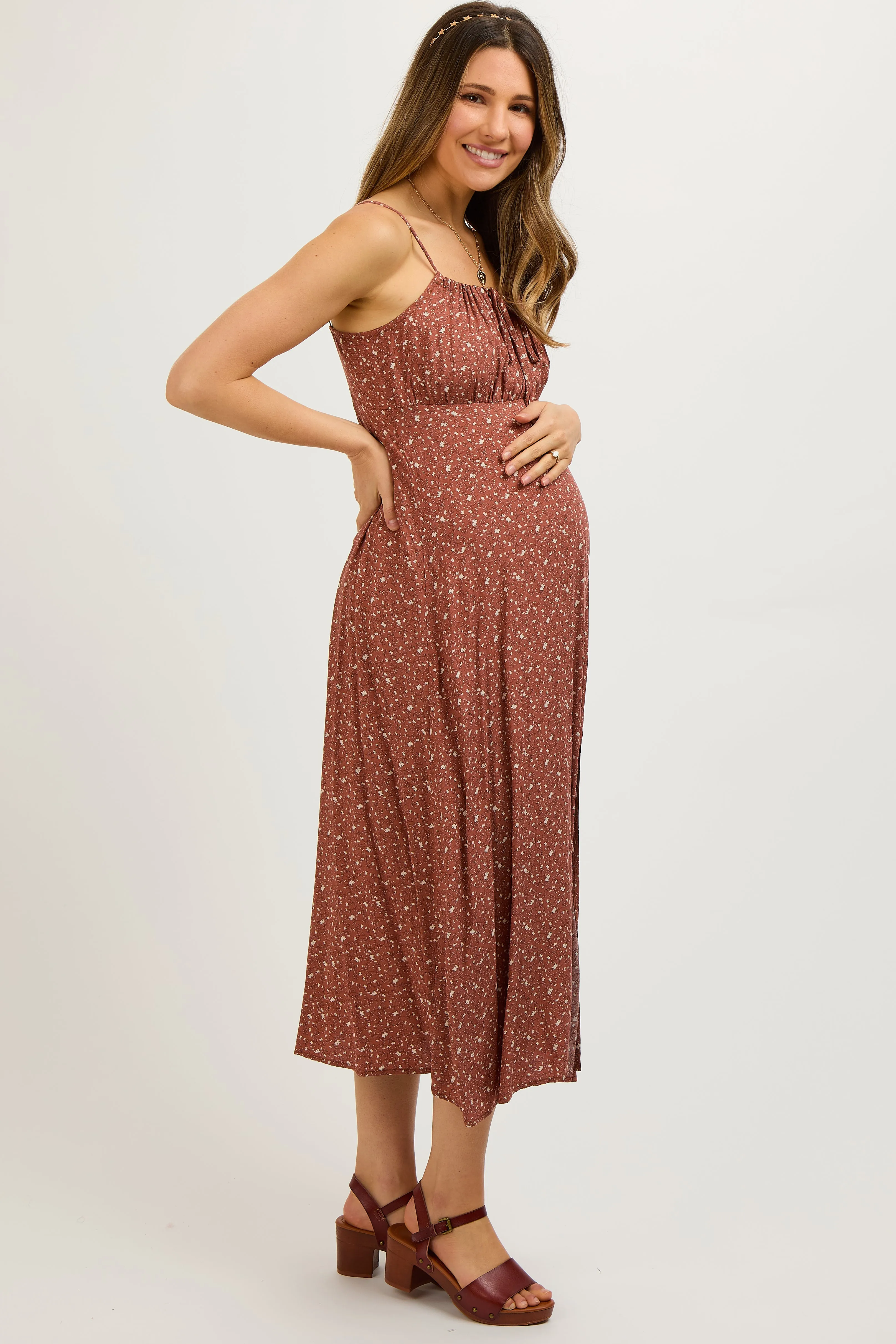Rust Ditsy Floral Side Slit Maternity Midi Dress sold by Pinkblush product image thumbnail 3