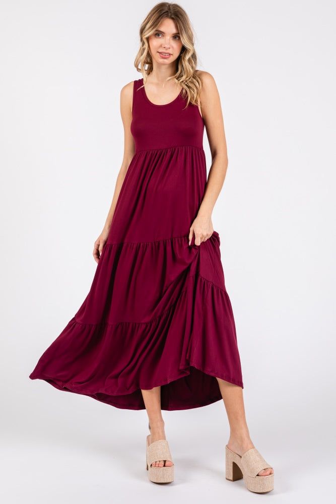 Burgundy Sleeveless Scoop Back Tiered Maxi Dress sold by Pinkblush product image thumbnail 4
