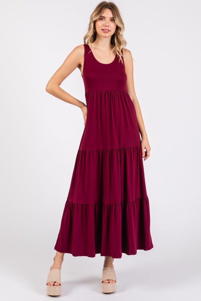 Burgundy Sleeveless Scoop Back Tiered Maxi Dress sold by Pinkblush
