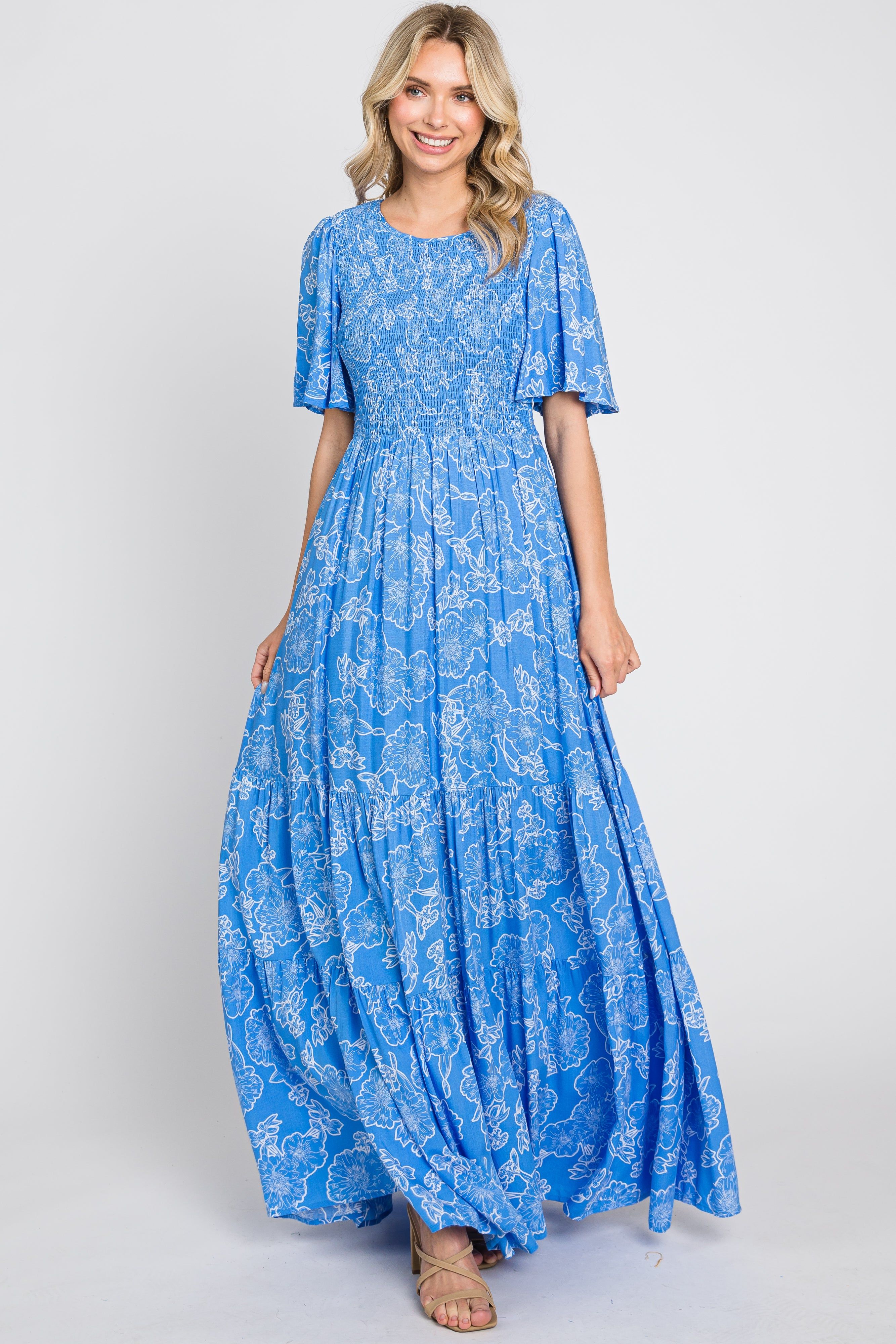 Blue Floral Flounce Sleeve Maxi Dress sold by Pinkblush product image thumbnail 5
