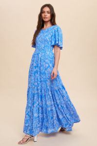 Blue Floral Flounce Sleeve Maxi Dress sold by Pinkblush
