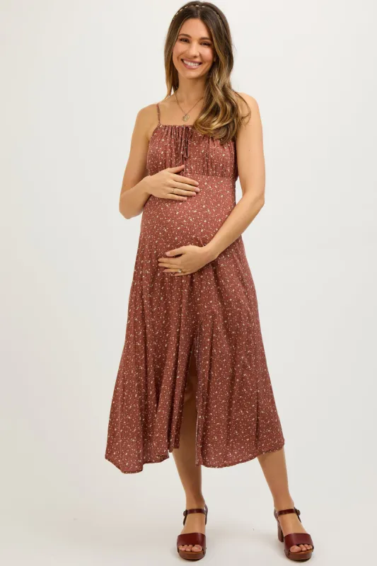 Rust Ditsy Floral Side Slit Maternity Midi Dress sold by Pinkblush