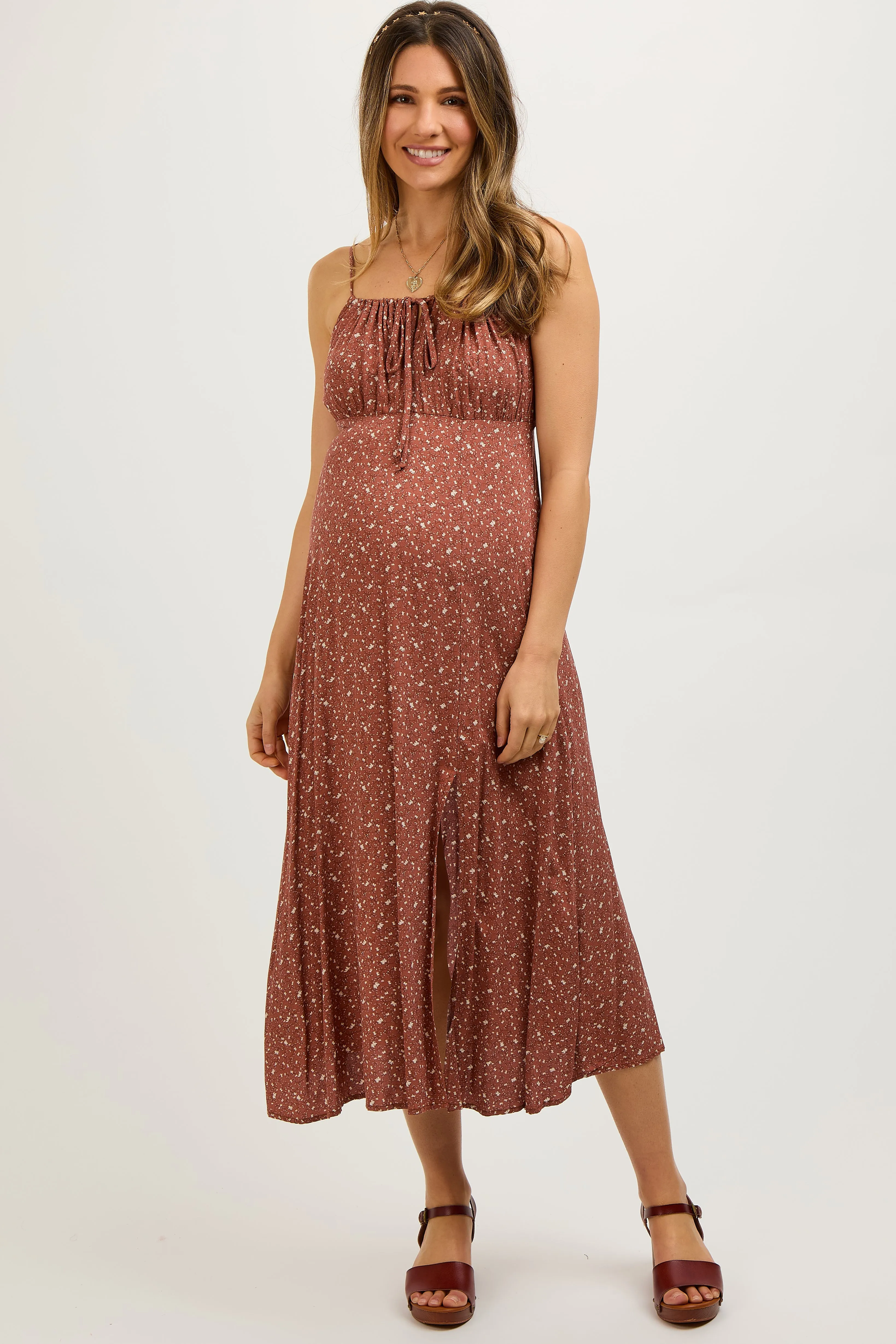 Rust Ditsy Floral Side Slit Maternity Midi Dress sold by Pinkblush product image thumbnail 2