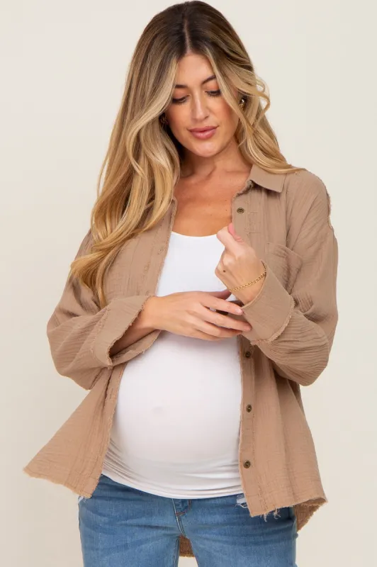 Mocha Button Down Collared Frayed Maternity Top sold by Pinkblush