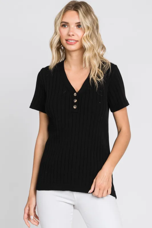 Black Ribbed Knit Button Top sold by Pinkblush