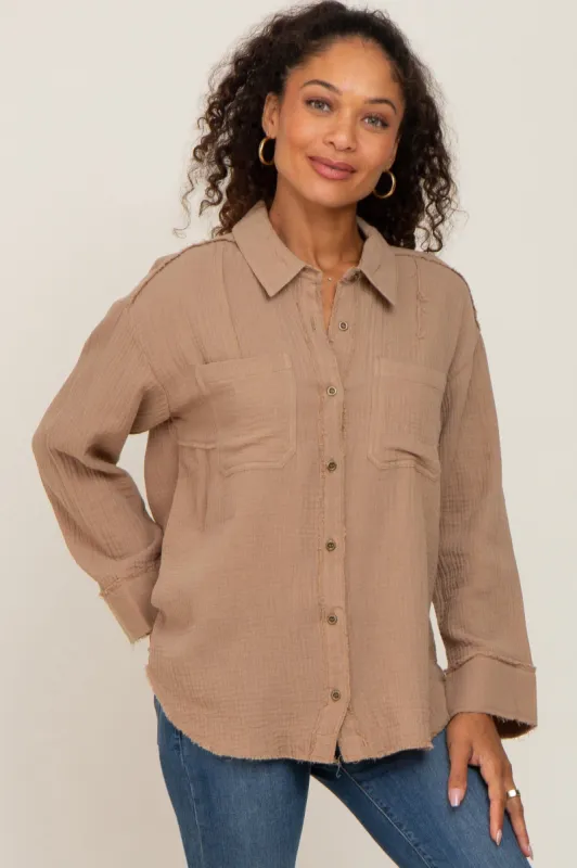 Mocha Button Down Collared Frayed Top sold by Pinkblush