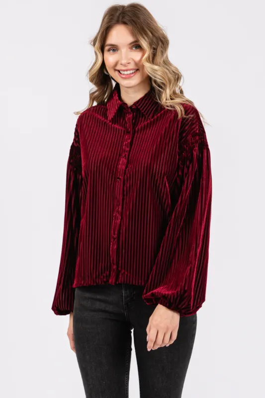 Burgundy Velvet Ribbed Collared Long Sleeve Blouse sold by Pinkblush