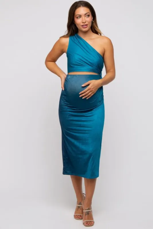 Teal One Shoulder Side Cutout Ruched Maternity Midi Dress sold by Pinkblush