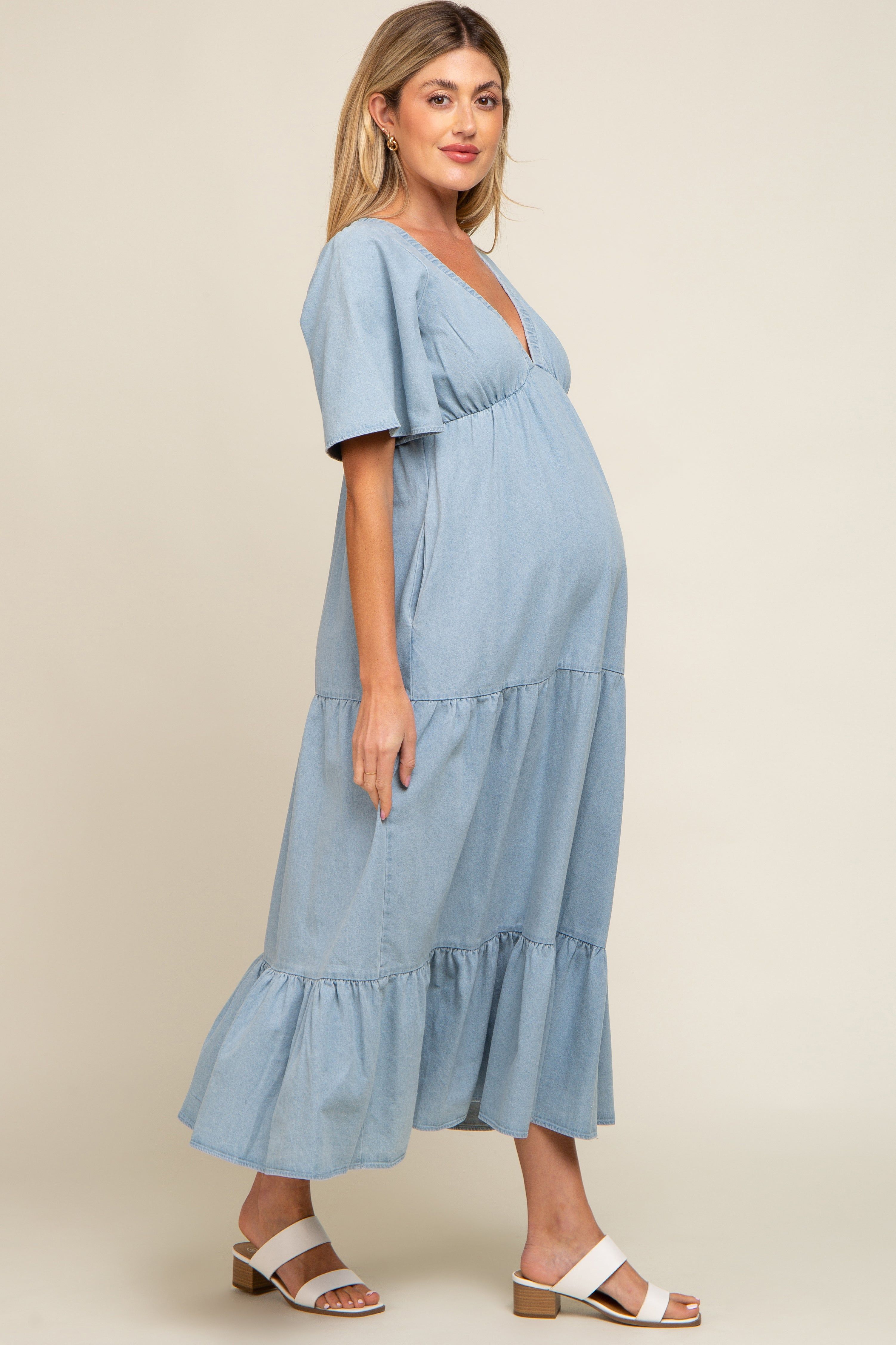 Light Blue Denim Tiered Maternity Midi Dress sold by Pinkblush product image thumbnail 3