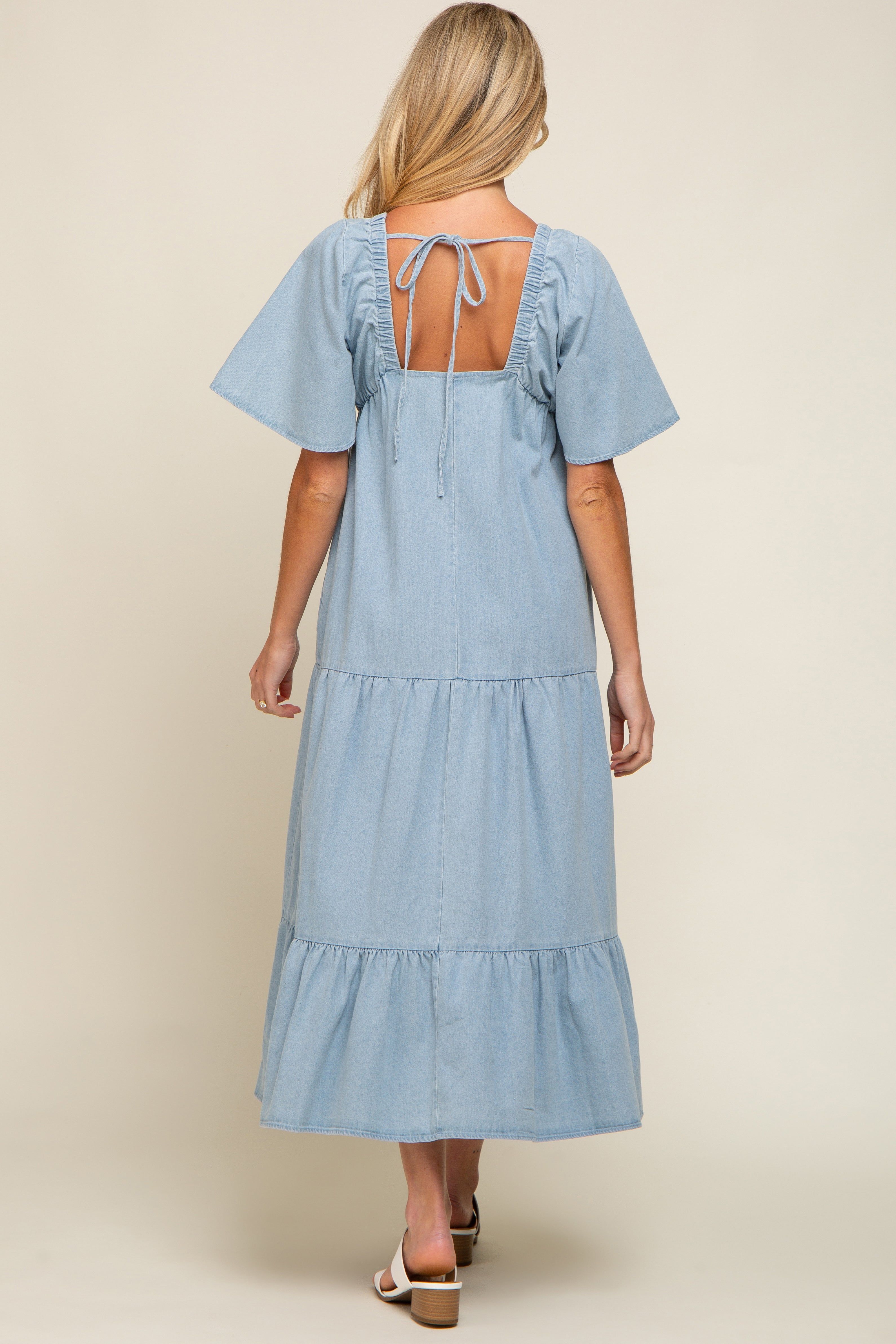 Light Blue Denim Tiered Maternity Midi Dress sold by Pinkblush product image thumbnail 4