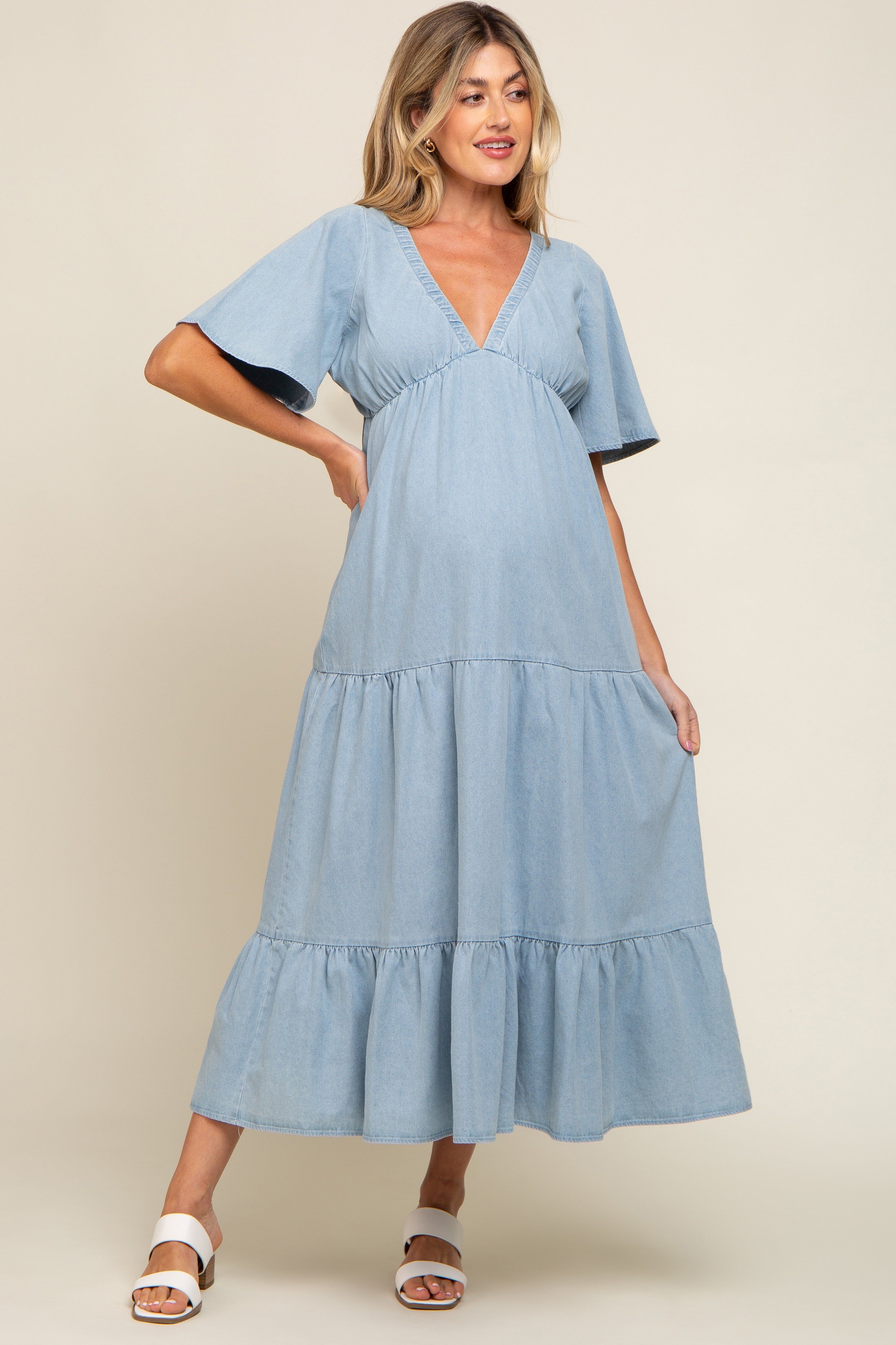 Light Blue Denim Tiered Maternity Midi Dress sold by Pinkblush