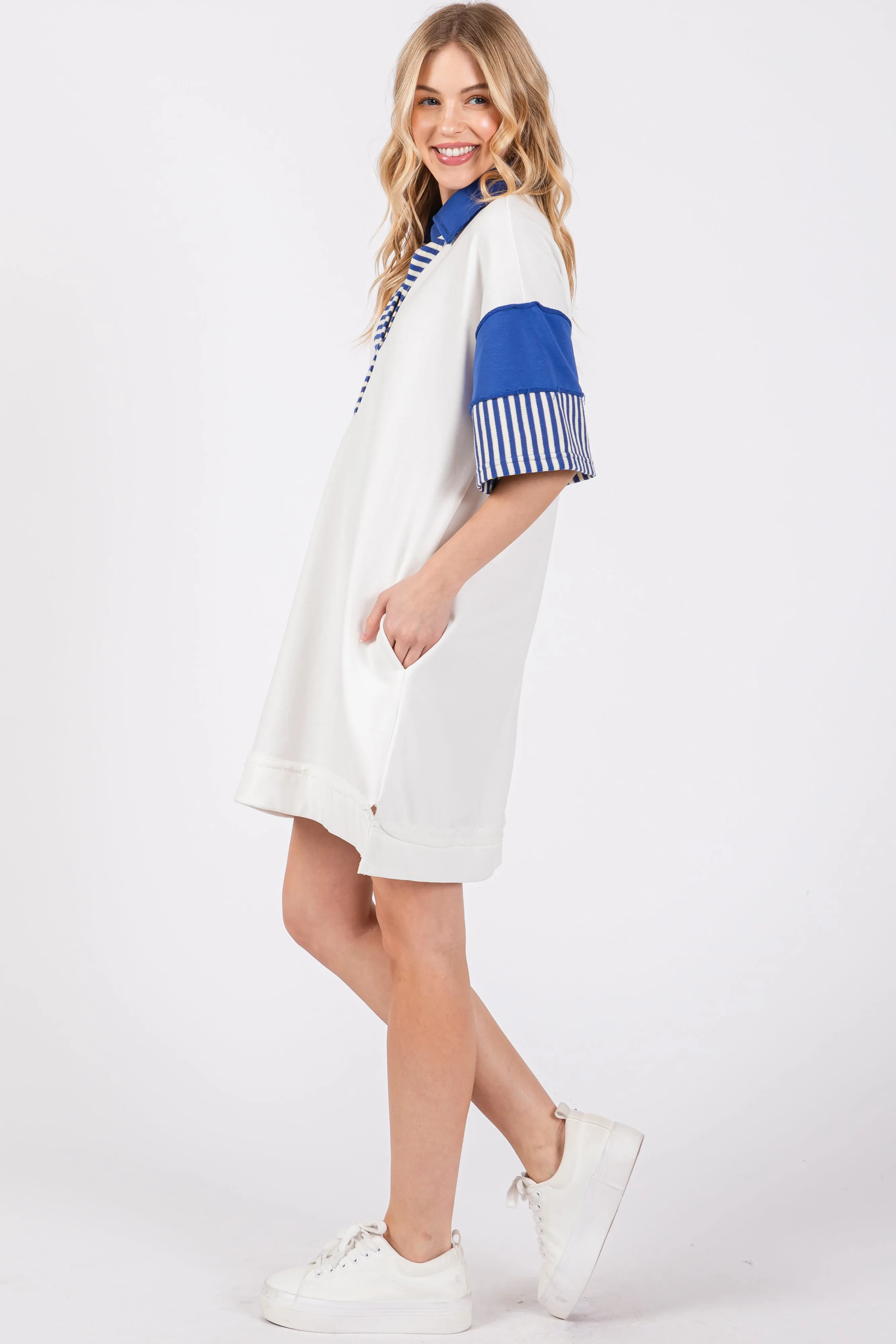 White Striped Color Block Collared Terry Dress sold by Pinkblush product image thumbnail 3