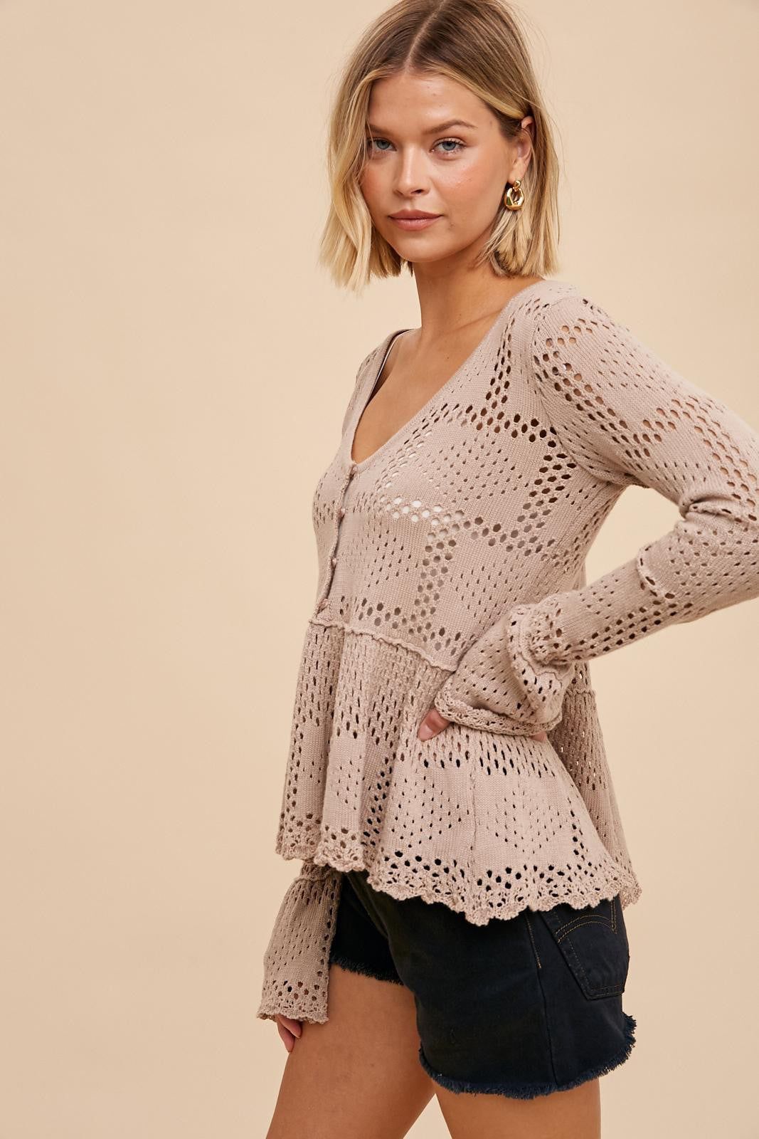 Almond Pointelle Knit Peplum Sweater sold by Pinkblush product image thumbnail 2