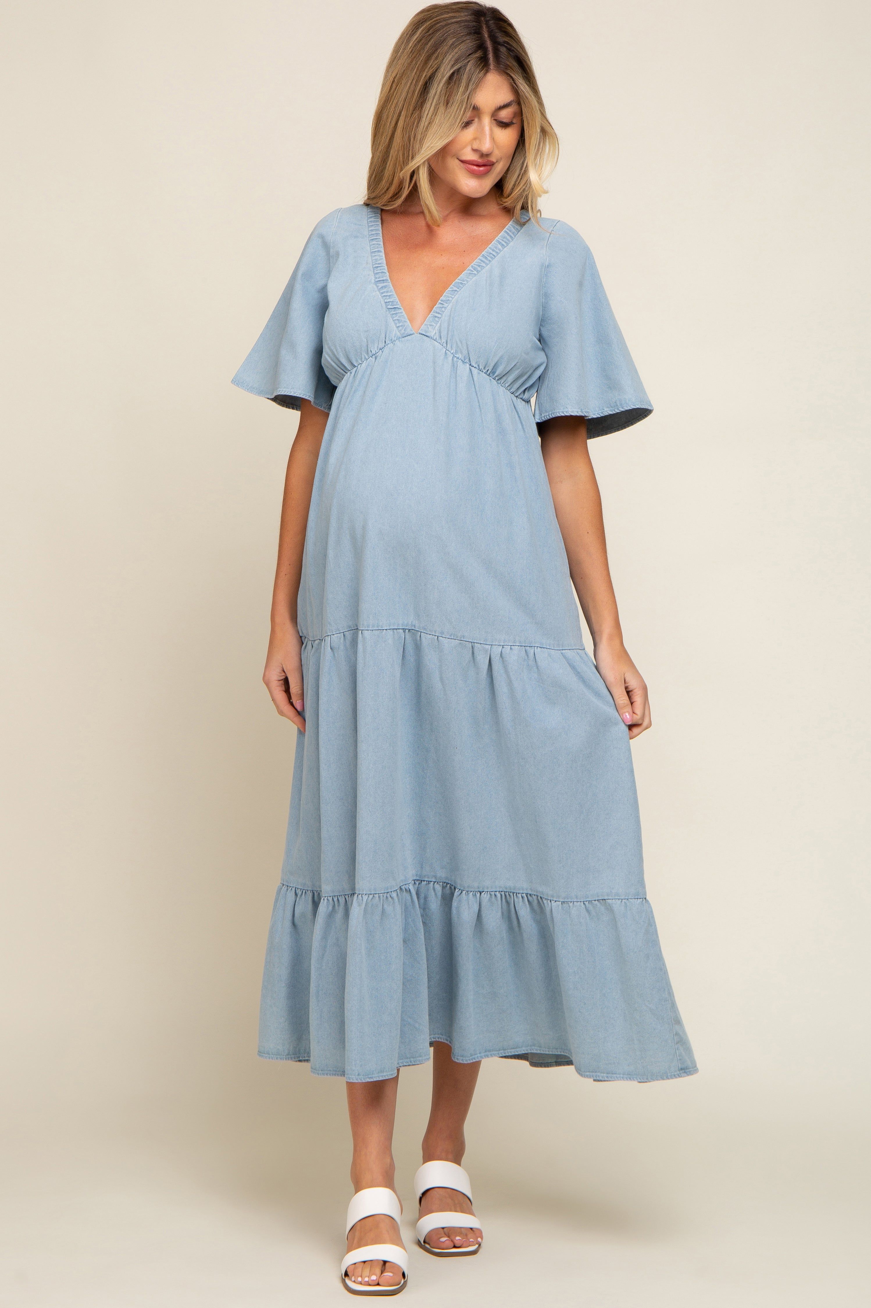 Light Blue Denim Tiered Maternity Midi Dress sold by Pinkblush product image thumbnail 2