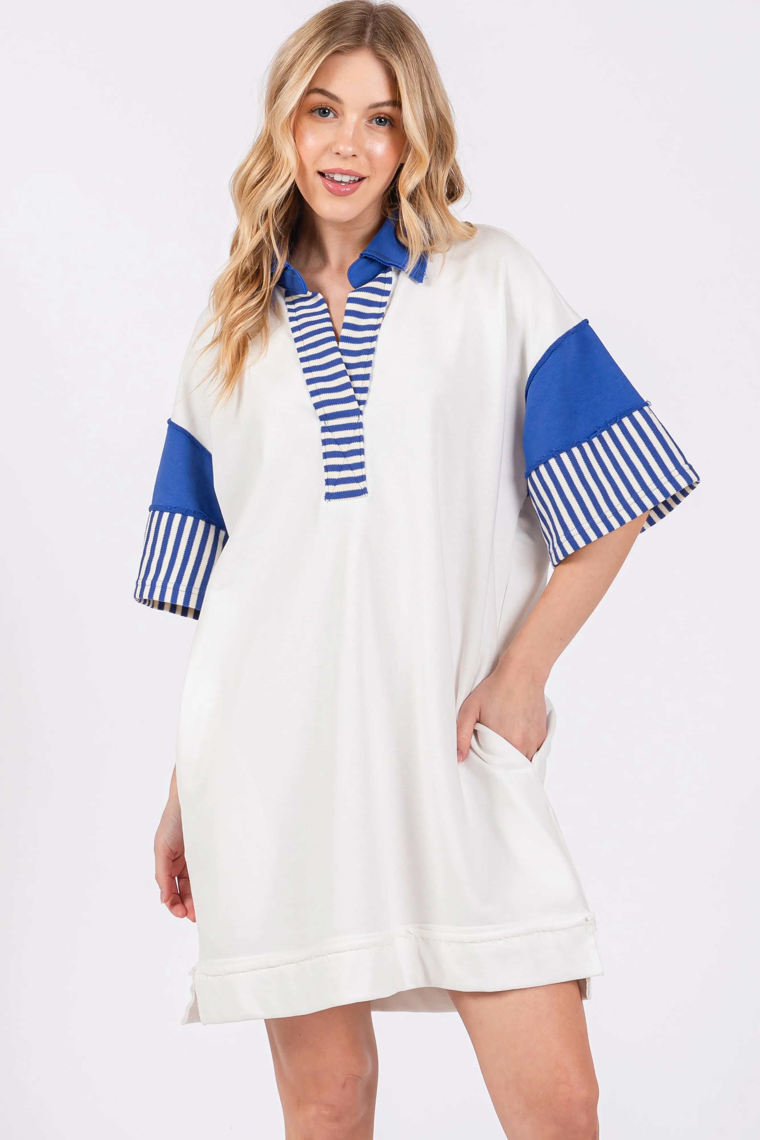 White Striped Color Block Collared Terry Dress sold by Pinkblush