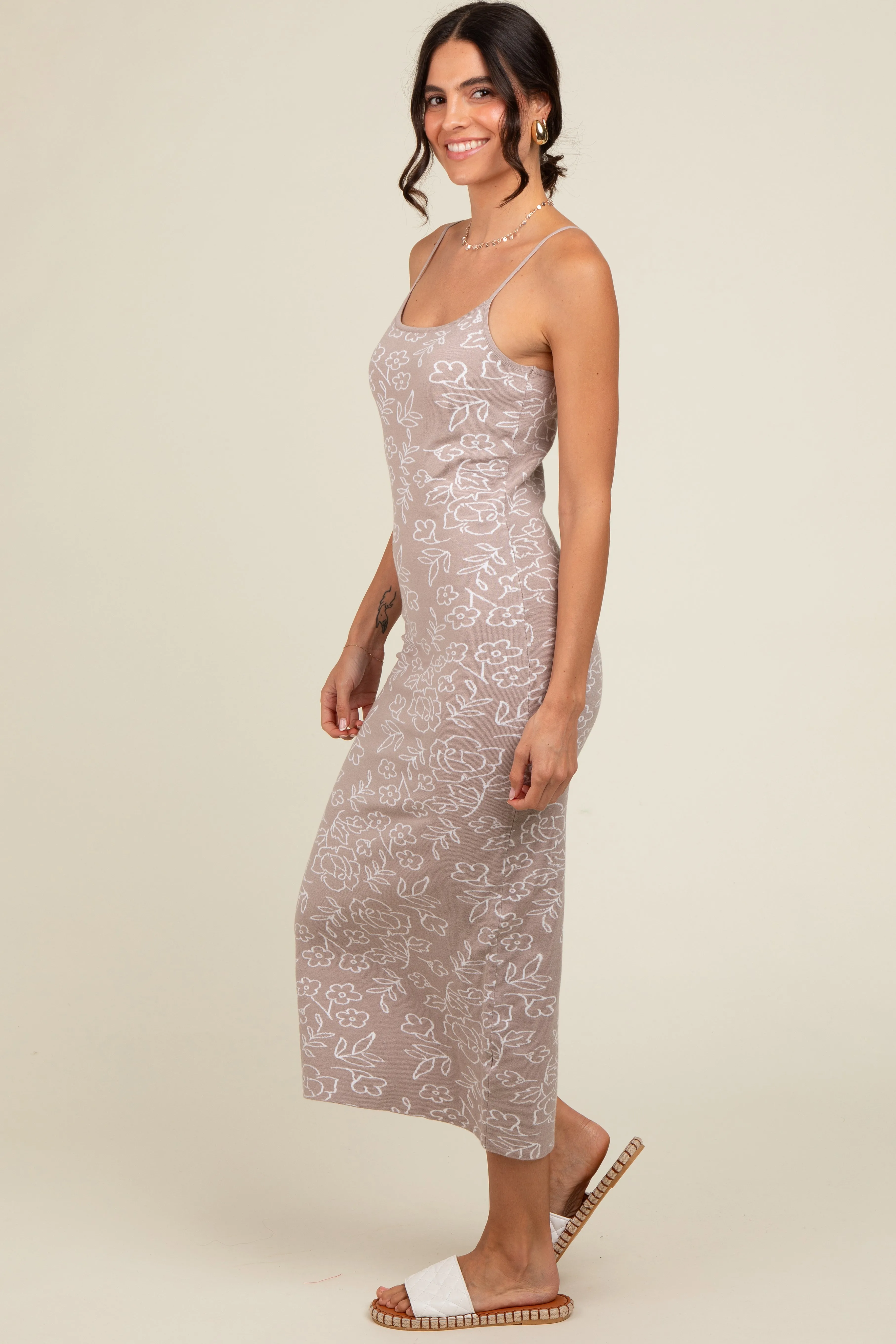 Beige Floral Knit Fitted Midi Dress sold by Pinkblush product image thumbnail 3