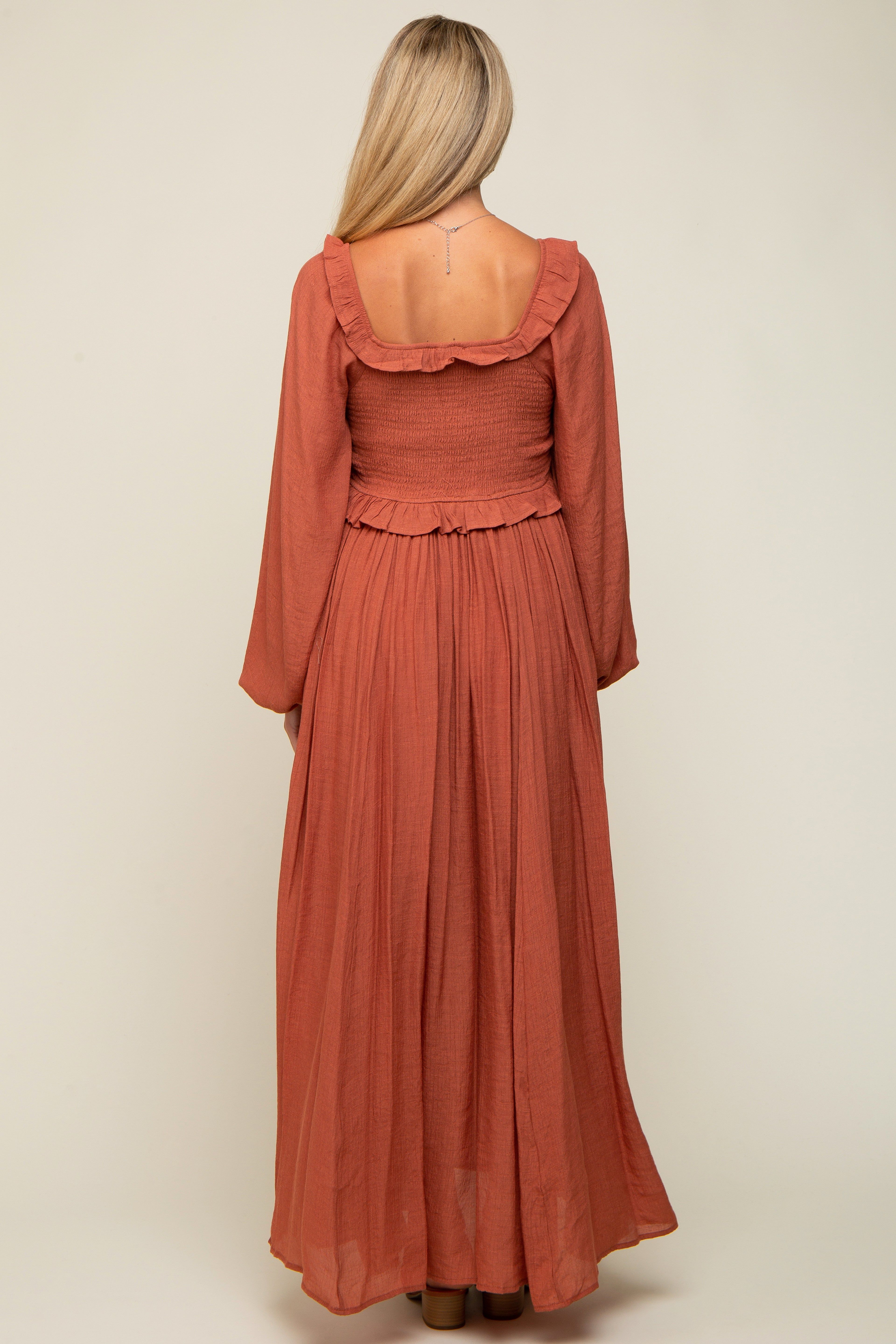 Rust Long Sleeve Ruffle Accent Maternity Maxi Dress sold by Pinkblush product image thumbnail 3