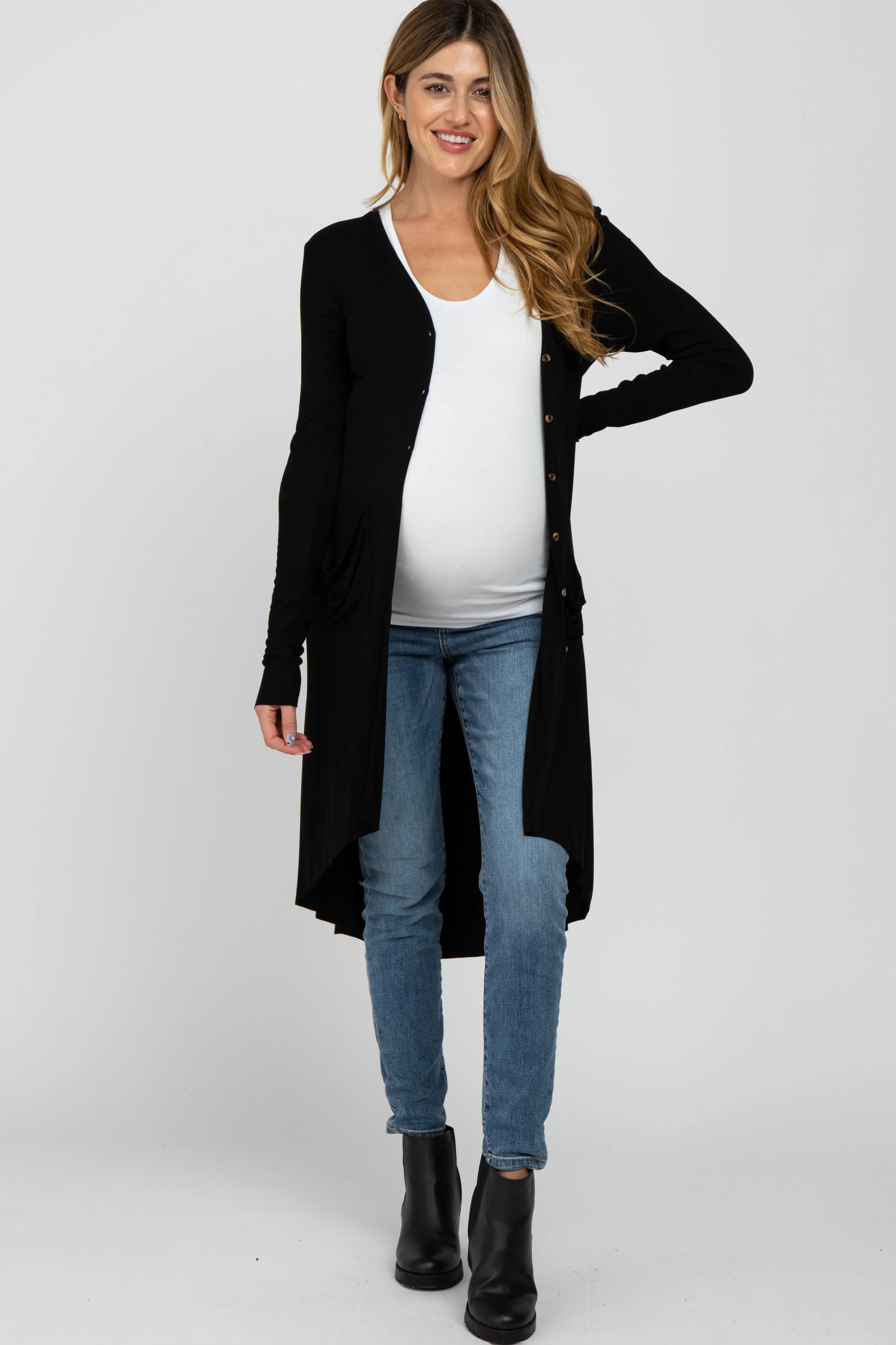 Black Button Front Knit Maternity Cardigan sold by Pinkblush
