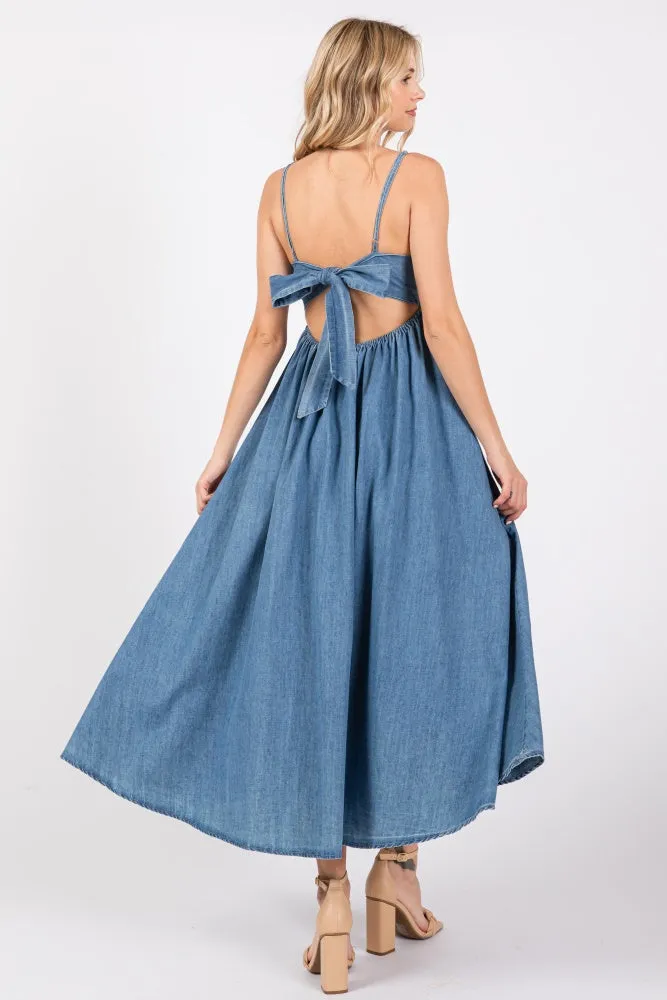 Blue Back Tie Straight Neck Maternity Midi Dress sold by Pinkblush product image thumbnail 3