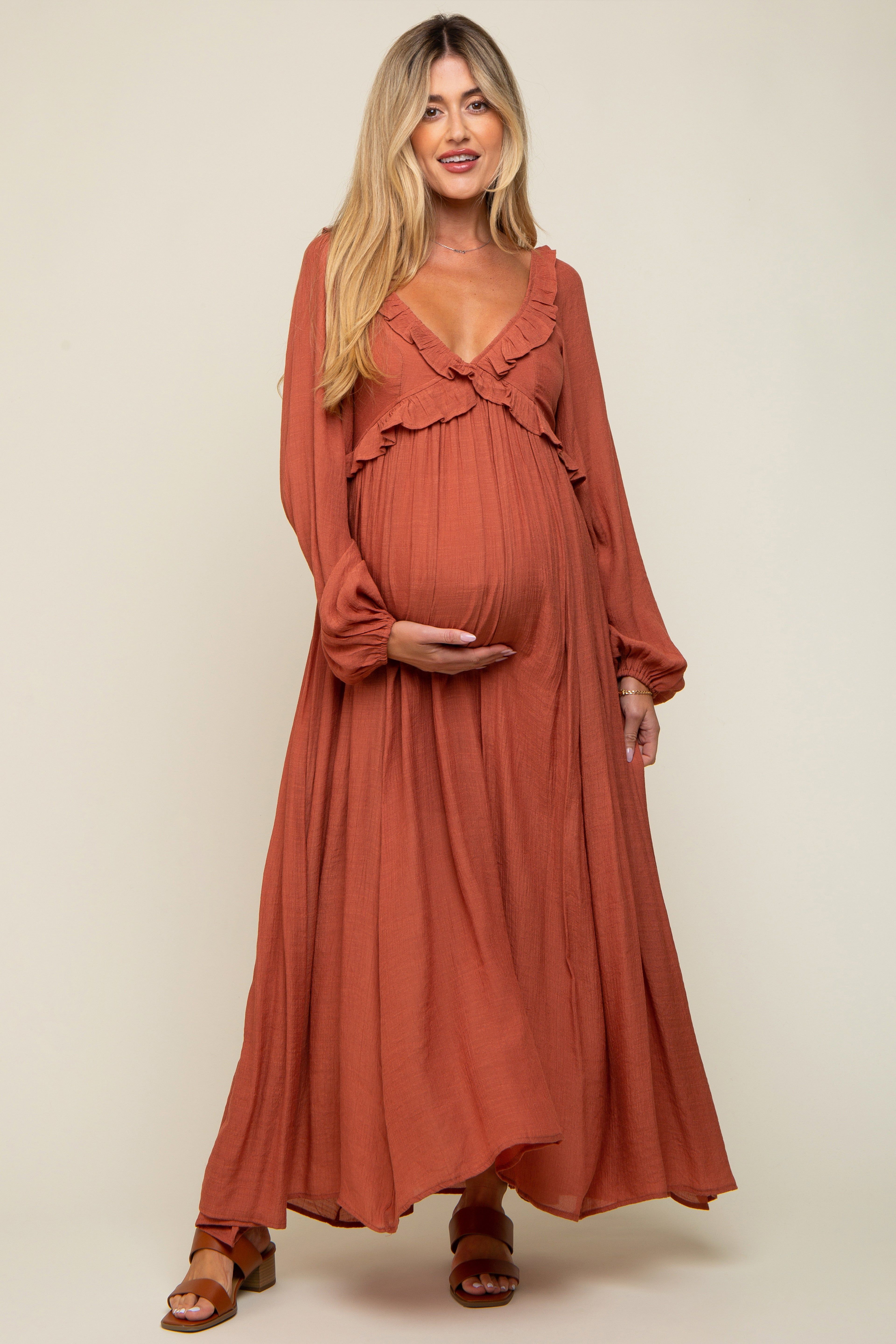 Rust Long Sleeve Ruffle Accent Maternity Maxi Dress sold by Pinkblush