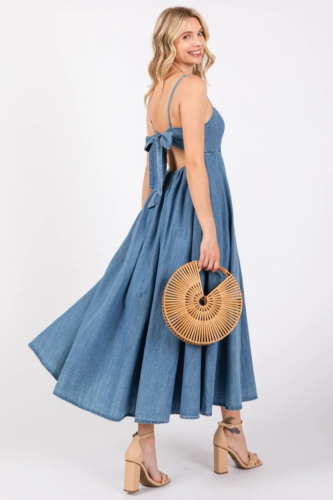 Blue Back Tie Straight Neck Maternity Midi Dress sold by Pinkblush product image thumbnail 4