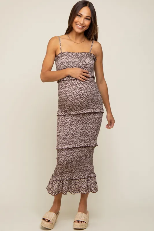 Brown Floral Smocked Ruffle Tier Maternity Midi Dress sold by Pinkblush