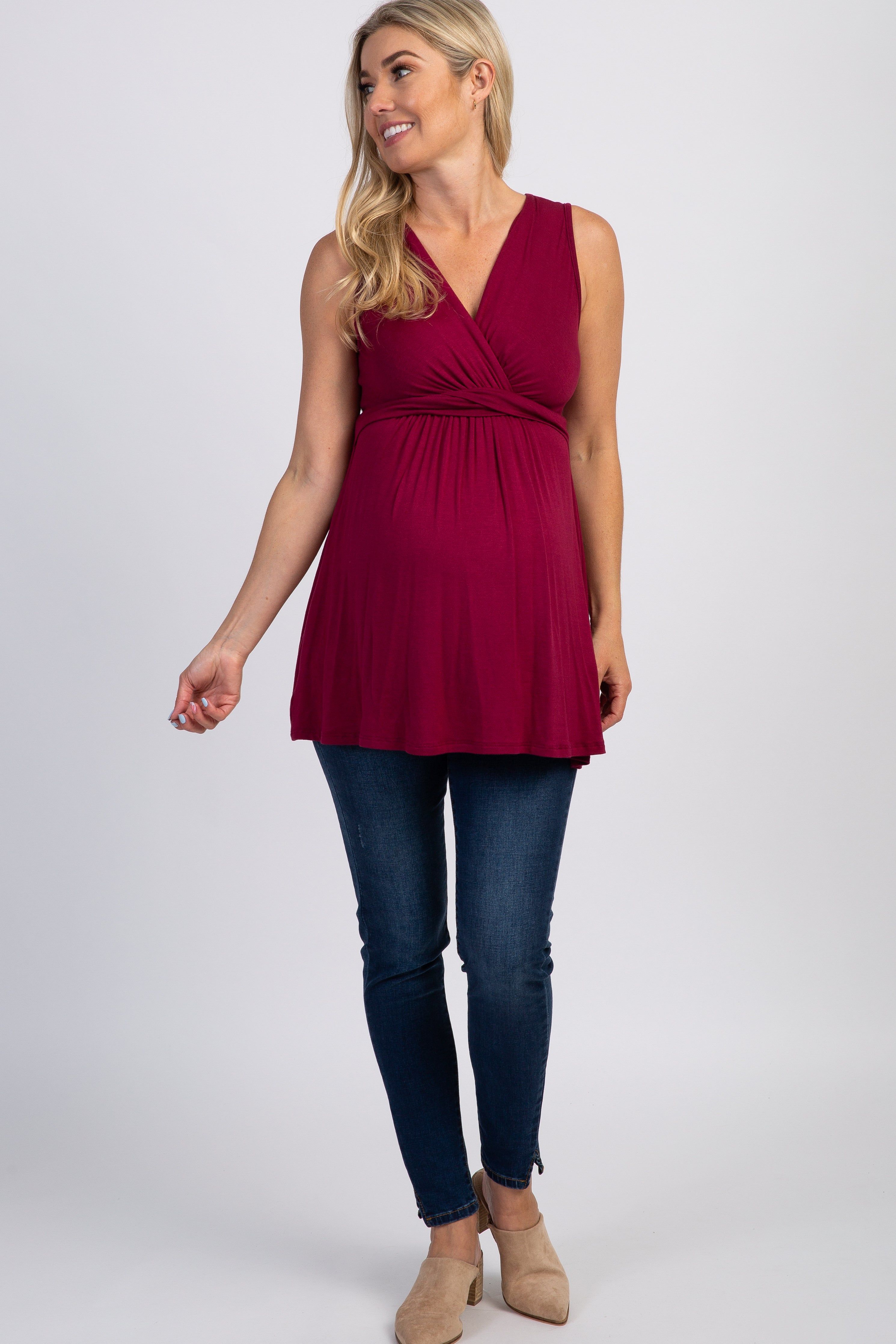 PinkBlush Burgundy Sleeveless Draped Front Maternity/Nursing Top sold by Pinkblush product image thumbnail 4