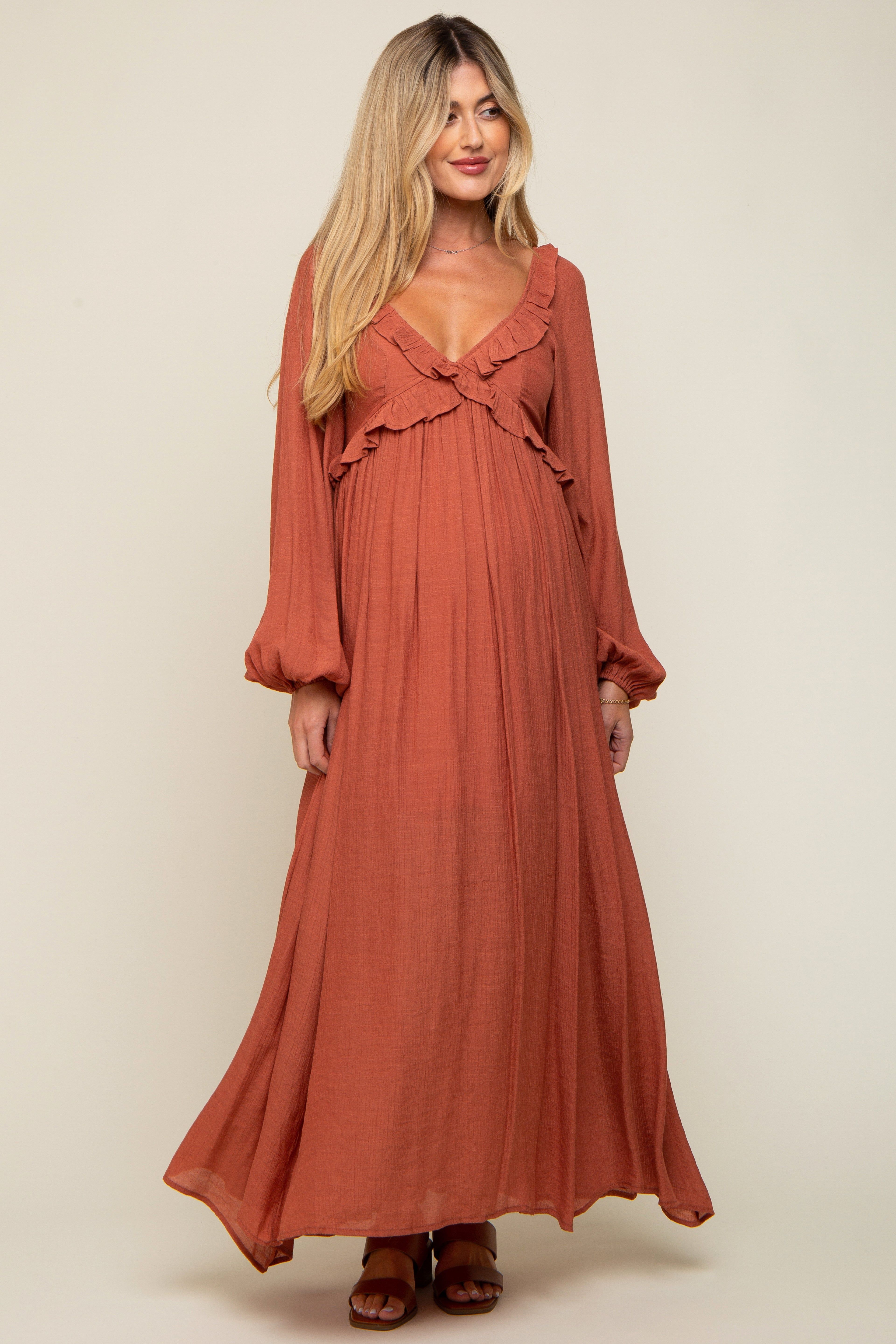 Rust Long Sleeve Ruffle Accent Maternity Maxi Dress sold by Pinkblush product image thumbnail 5