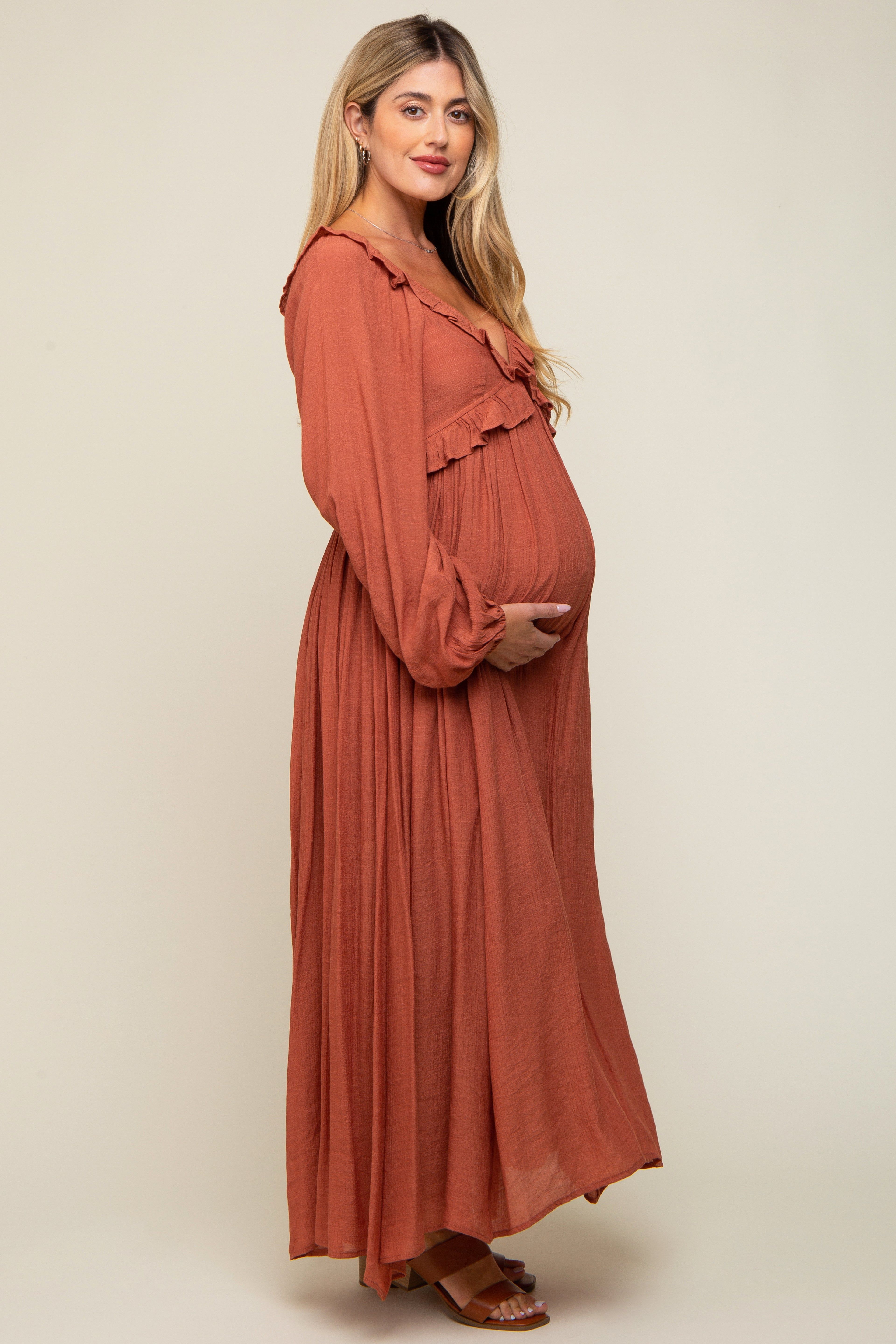 Rust Long Sleeve Ruffle Accent Maternity Maxi Dress sold by Pinkblush product image thumbnail 2