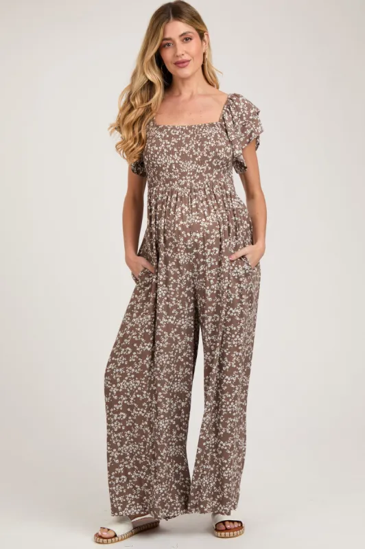 Mocha Floral Maternity Jumpsuit sold by Pinkblush