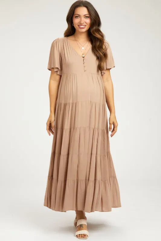 Mocha Button Detail Tiered Maternity Maxi Dress sold by Pinkblush