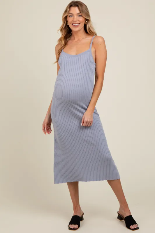 Light Blue Square Neck Ribbed Sleeveless Maternity Midi Dress sold by Pinkblush