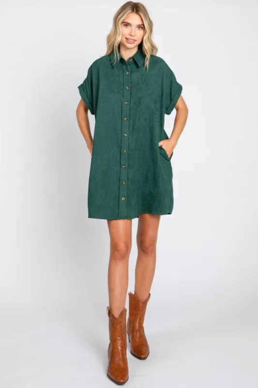 Forest Green Ribbed Button Down Mini Dress sold by Pinkblush