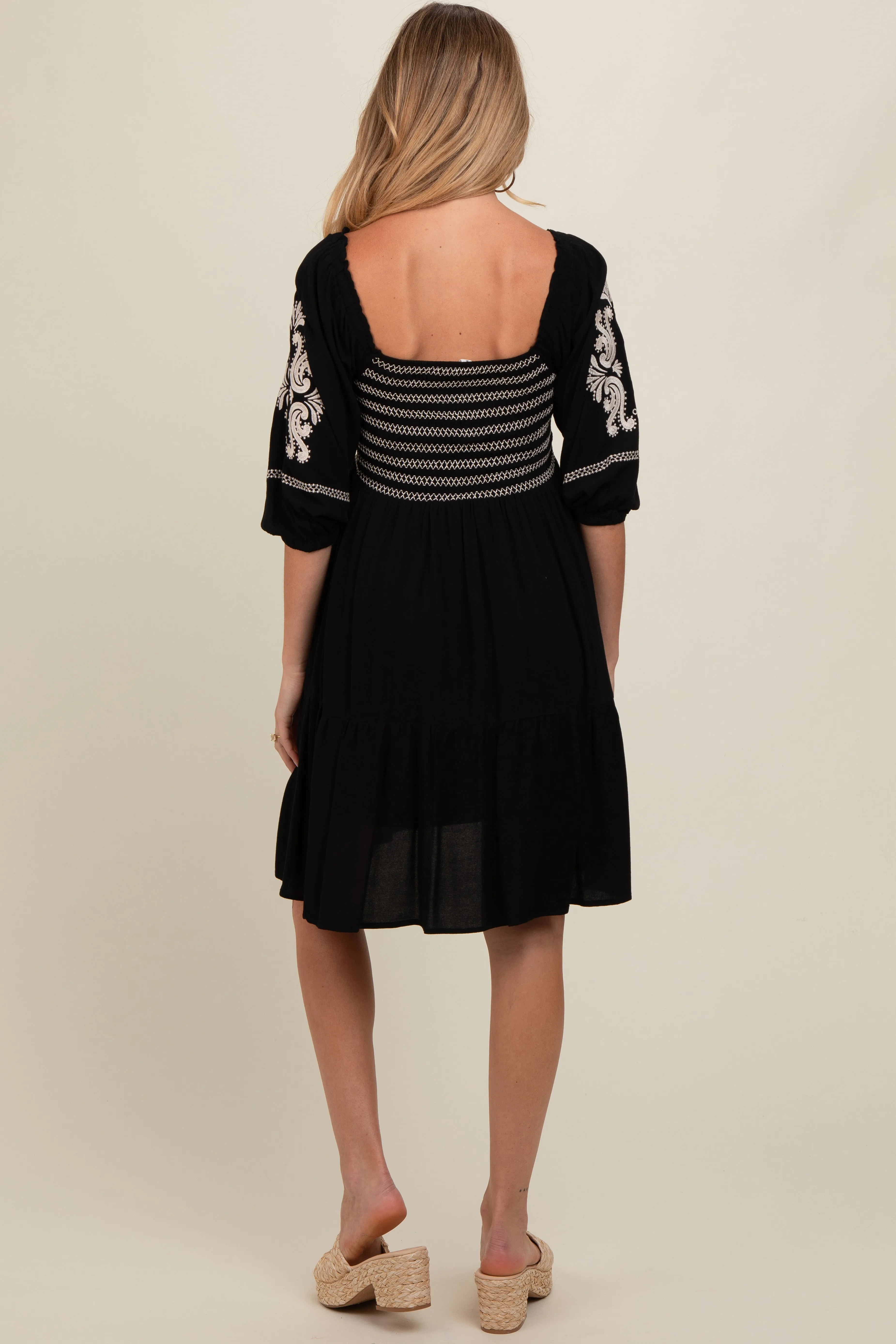 Black Smocked Embroidered Damask Maternity Dress sold by Pinkblush product image thumbnail 2