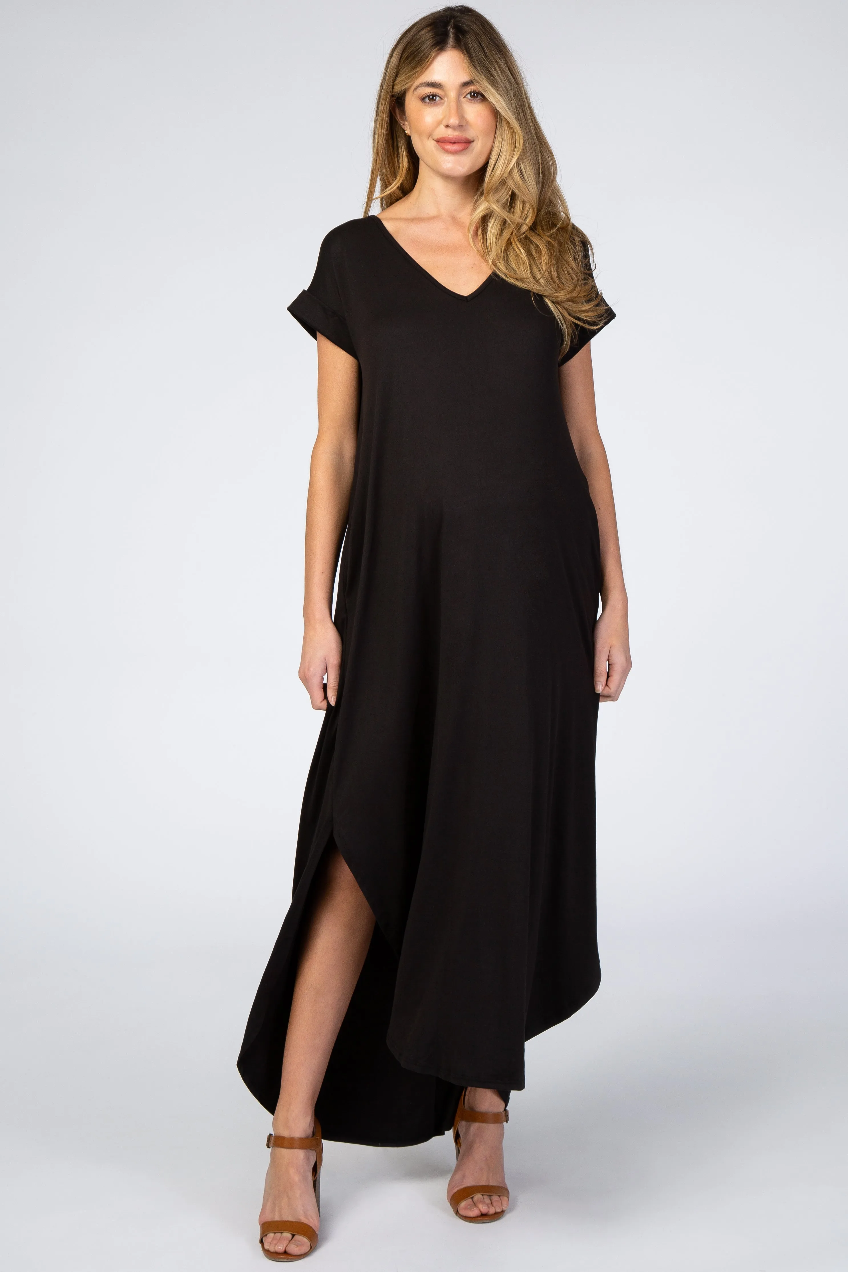 Black Side Slit Maternity Maxi Dress sold by Pinkblush