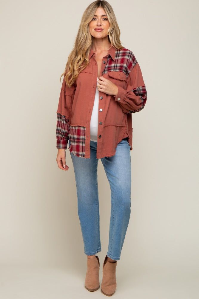 Rust Plaid Button Down Raw Hem Maternity Shirt sold by Pinkblush product image thumbnail 5