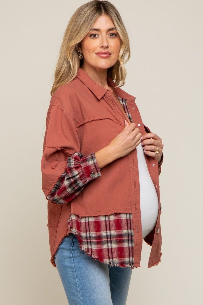 Rust Plaid Button Down Raw Hem Maternity Shirt sold by Pinkblush product image thumbnail 2