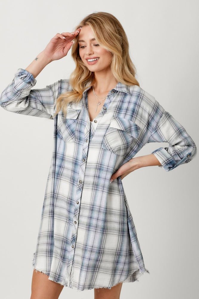 Ivory Blue Rolled Up Sleeves Washed Plaid Shirt Dress sold by Pinkblush product image thumbnail 2