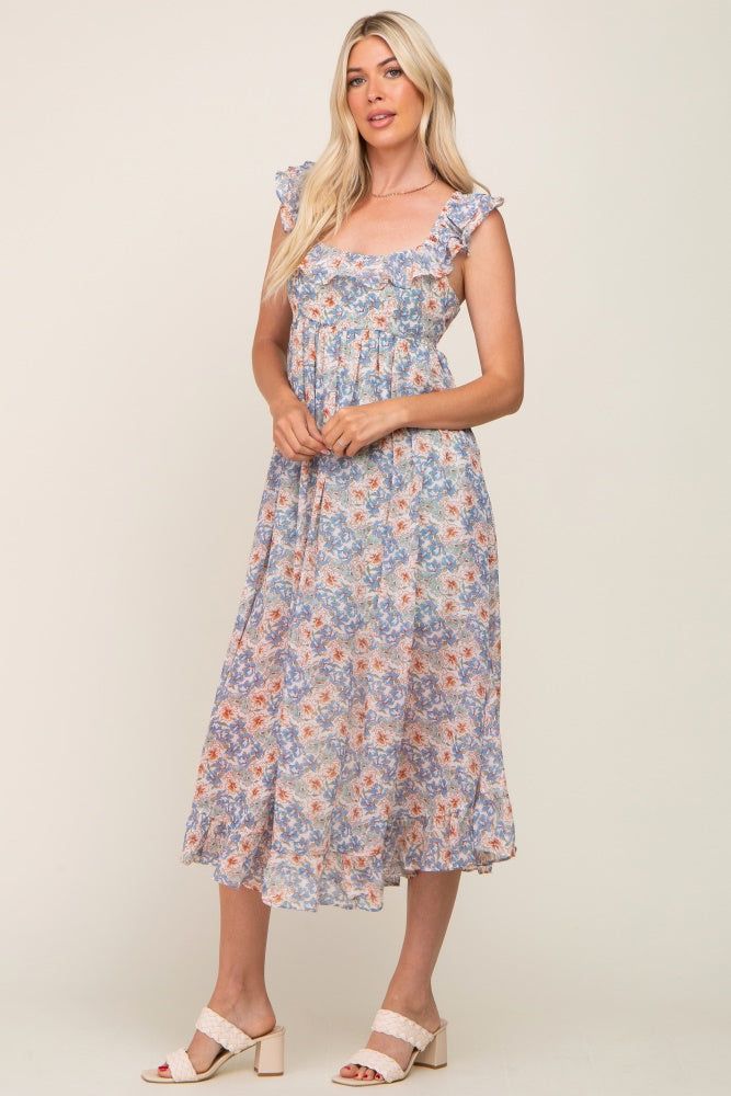 Light Blue Floral Chiffon Ruffle Neck Back Tie Midi Dress sold by Pinkblush product image thumbnail 5