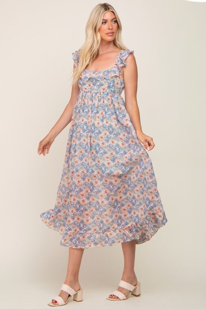 Light Blue Floral Chiffon Ruffle Neck Back Tie Midi Dress sold by Pinkblush product image thumbnail 2