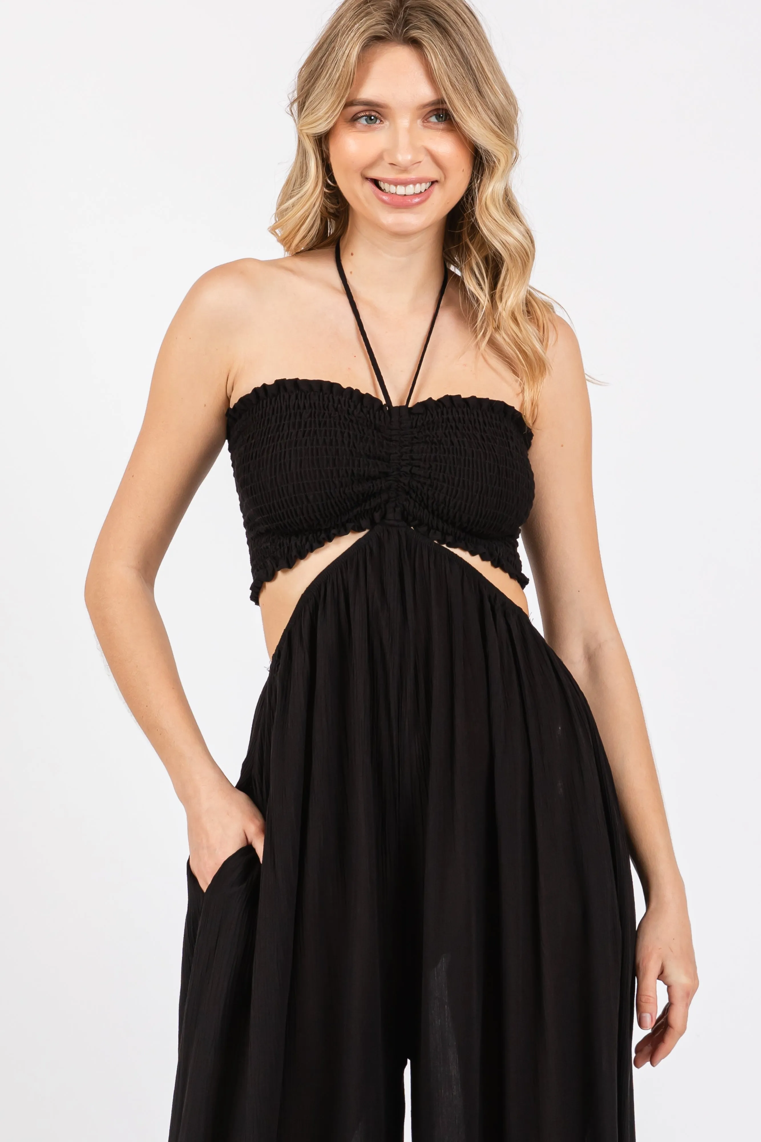 Black Smocked Drawstring Halter Side Cutout Jumpsuit sold by Pinkblush product image thumbnail 4
