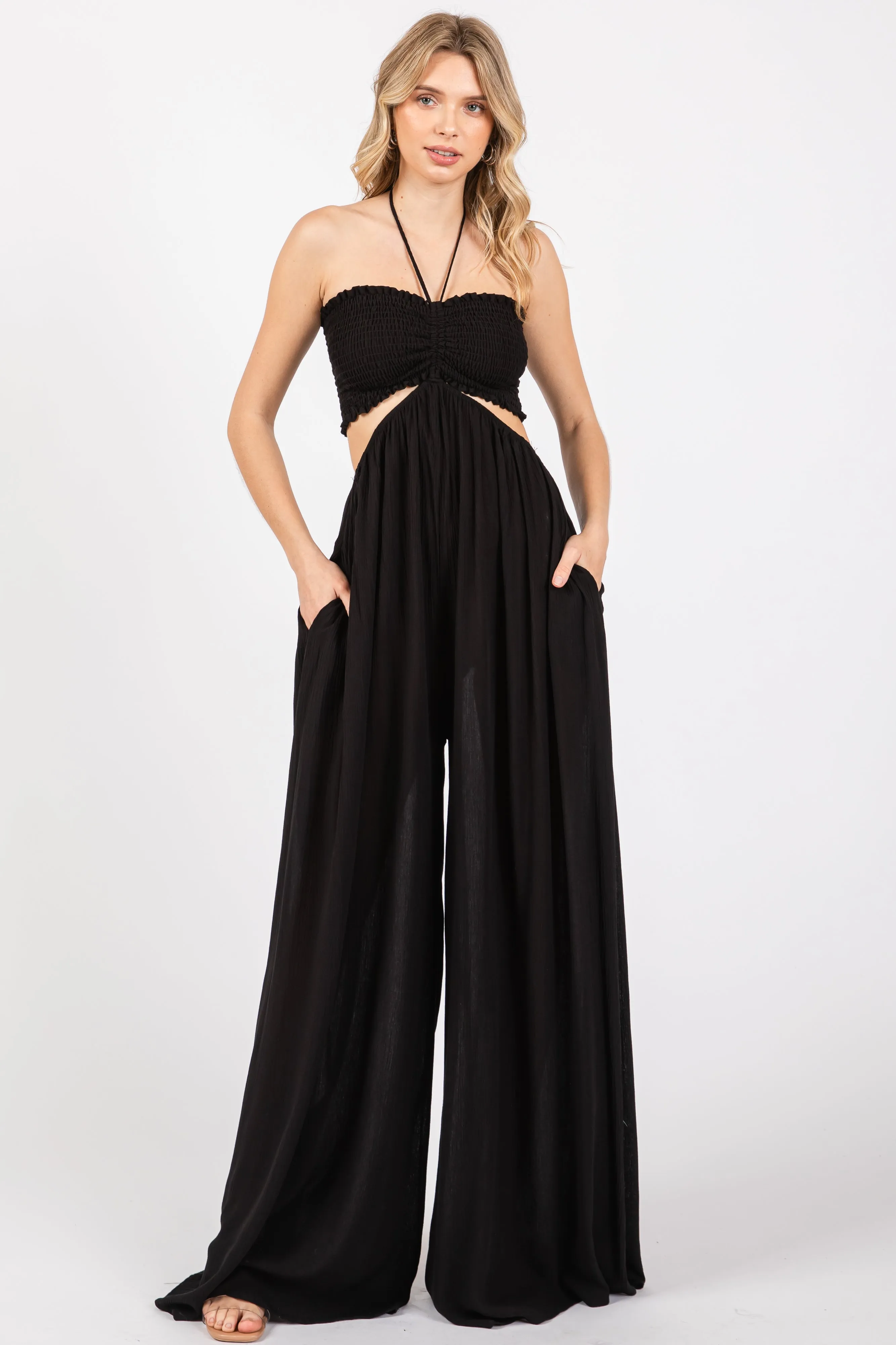Black Smocked Drawstring Halter Side Cutout Jumpsuit sold by Pinkblush