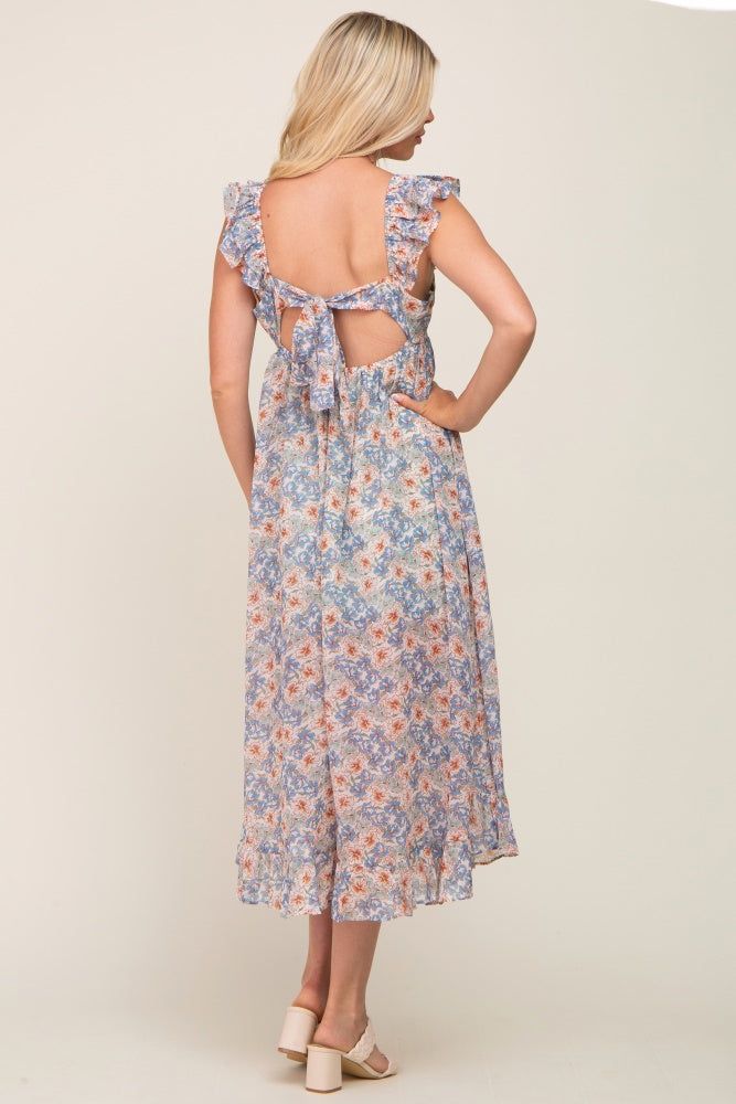 Light Blue Floral Chiffon Ruffle Neck Back Tie Midi Dress sold by Pinkblush product image thumbnail 3