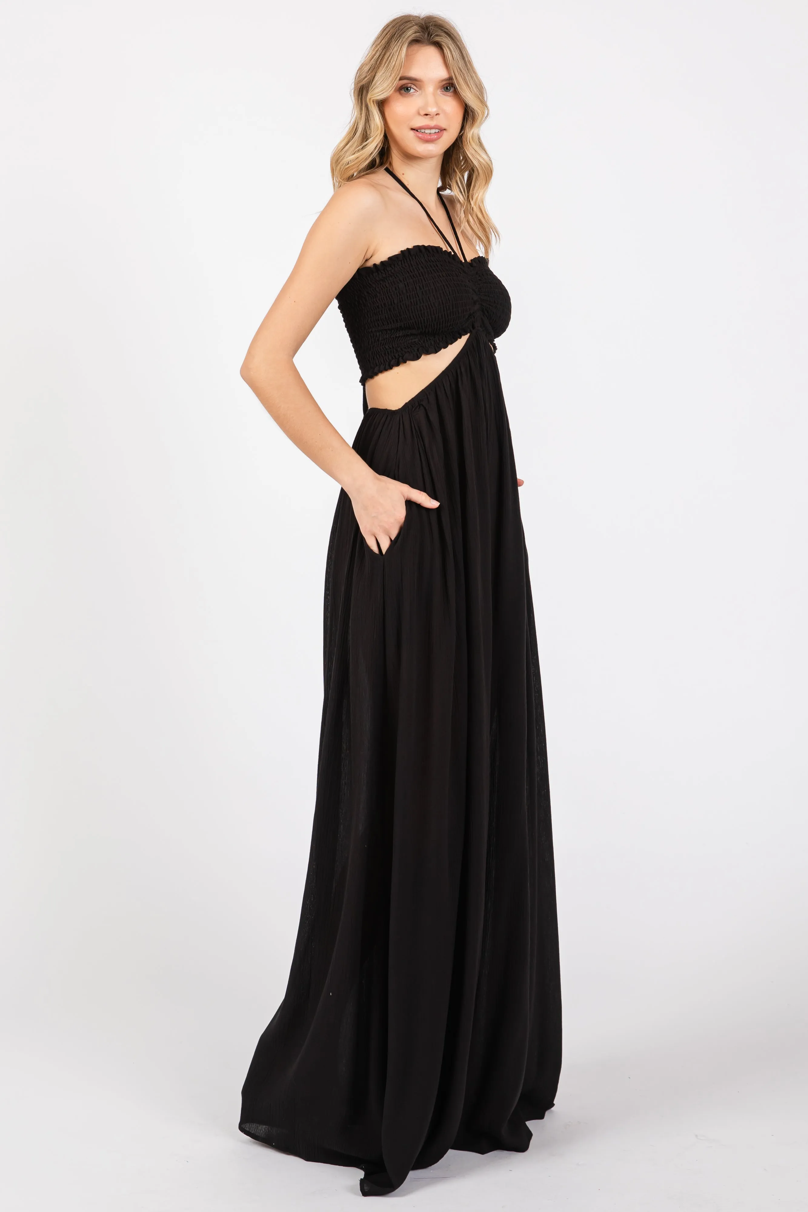 Black Smocked Drawstring Halter Side Cutout Jumpsuit sold by Pinkblush product image thumbnail 2