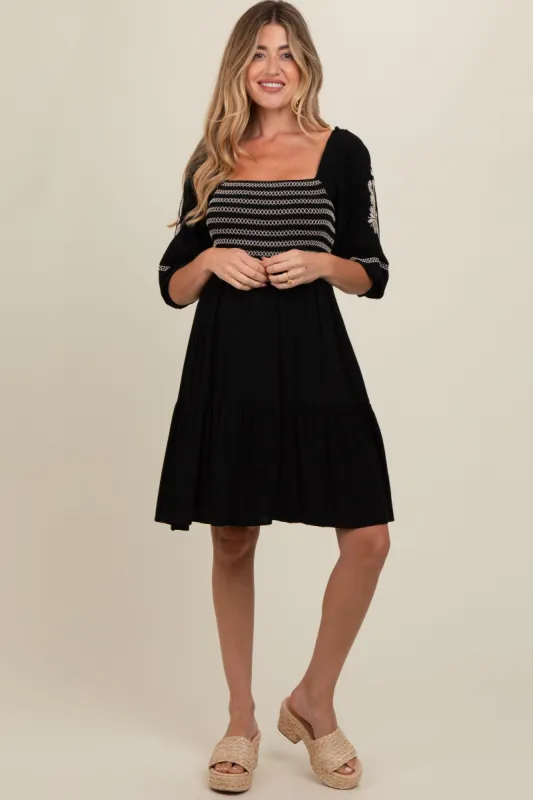 Black Smocked Embroidered Damask Maternity Dress sold by Pinkblush