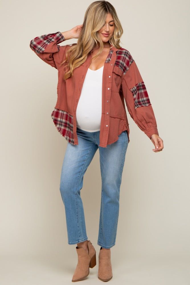 Rust Plaid Button Down Raw Hem Maternity Shirt sold by Pinkblush product image thumbnail 4