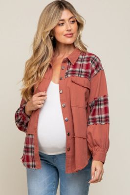 Rust Plaid Button Down Raw Hem Maternity Shirt sold by Pinkblush