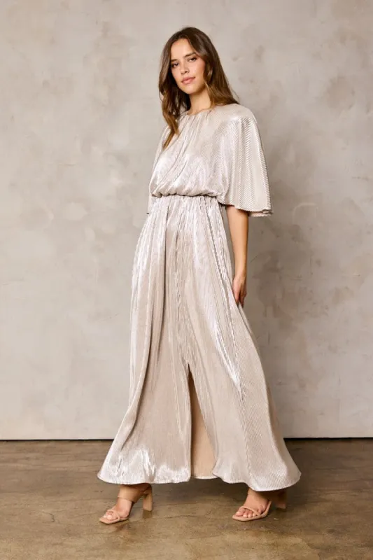 Champagne Wrinkled Slit Maxi Dress sold by Pinkblush