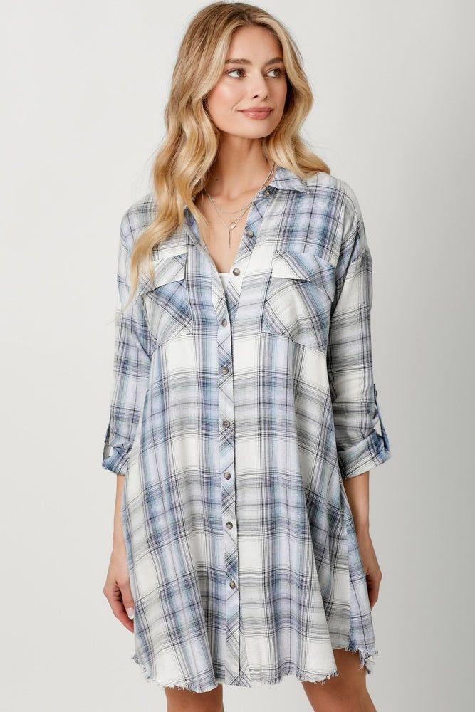 Ivory Blue Rolled Up Sleeves Washed Plaid Shirt Dress sold by Pinkblush